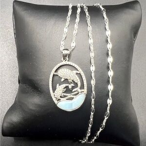 925 Sterling Silver Natural Larimar & CZ Dolphin Pendant Necklace Size 18”